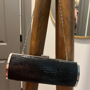 Black Sequin Clutch with Silver Chain